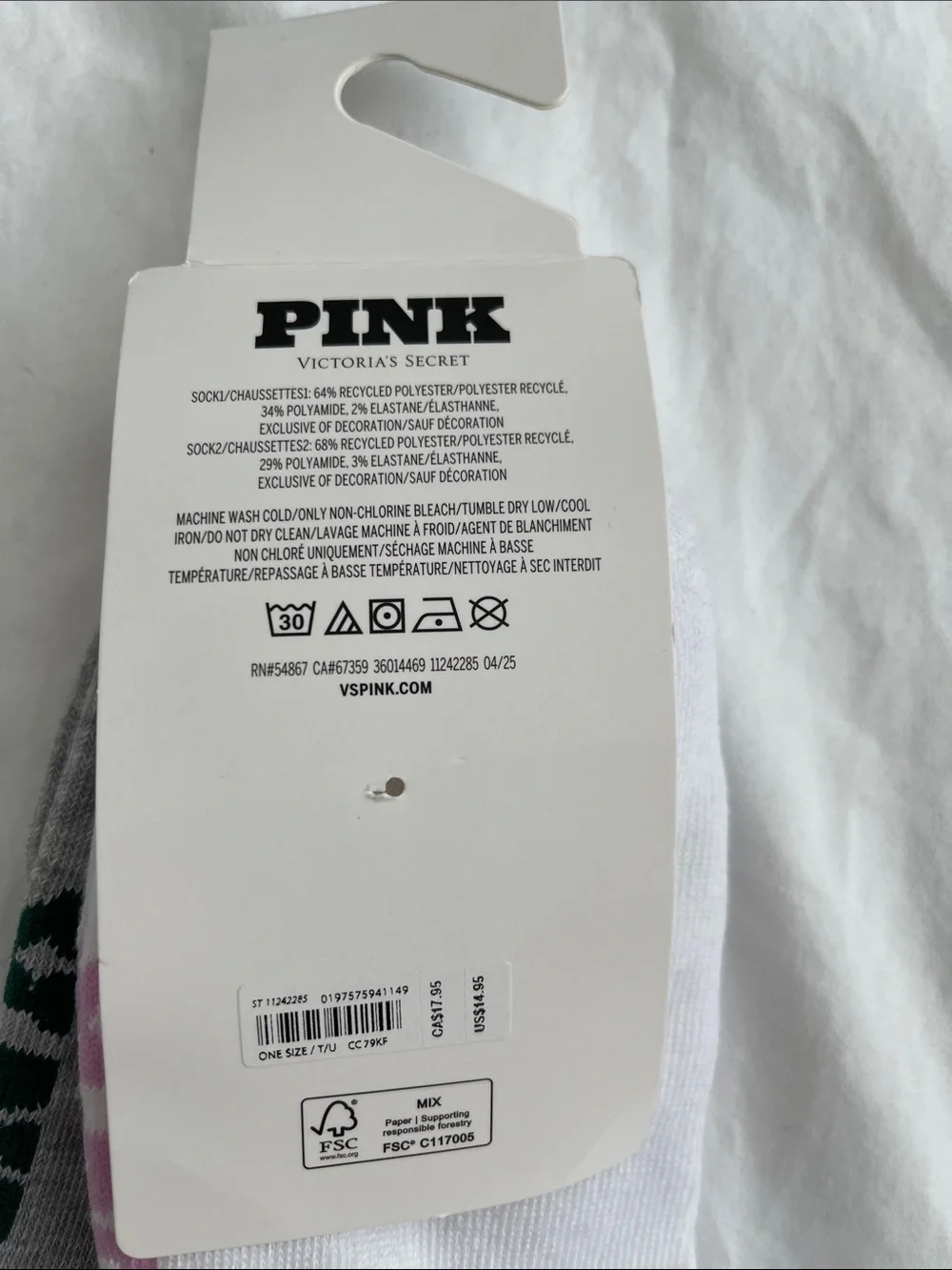 PINK Victoria's Secret Women’s Teens 2-Pack Socks White & Gray with Pink Stripe